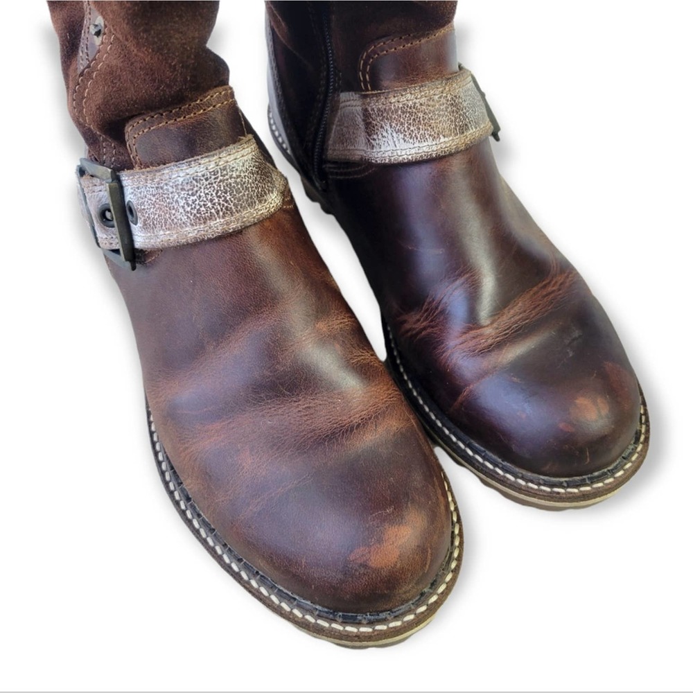 Women's Brown Leather Suede Mid-Calf Buckle Winter Boots - Picture 5 of 10